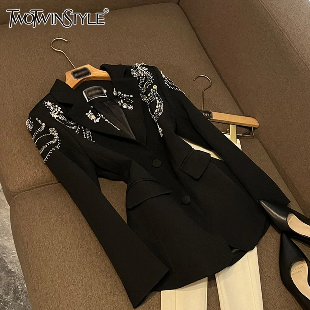 kf-S0a4af28a78c442299be163a7090ea046C TWOTWINSTYLE Slimming Solid Spliced Diamond Jacket For Women Laple Long Sleeve Temperament Spring Jackets Female New KJA527627 - Image 1