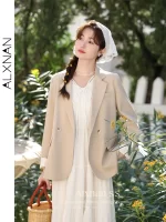 ALXNAN Women's Blazer Light Khaki Casual Office Lady Single Breasted Suit Jacket Fall Loose-fit Long Sleeve Coats Female L33582 - Image 4