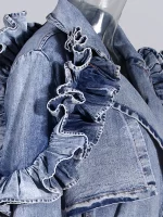 Modphy Autumn Oversized Blue Long Denim Trench Coat for Women Double Breasted Ruffle Loose Casual Fashion Overcoat 2025 - Image 3