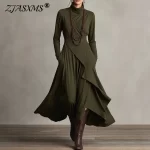 2026 Spring Elegant Turtleneck Irregular Long Dress Woman Solid High Waist Pocket Party Dress Autumn Long Sleeve Slim Maxi Dress - Image 2