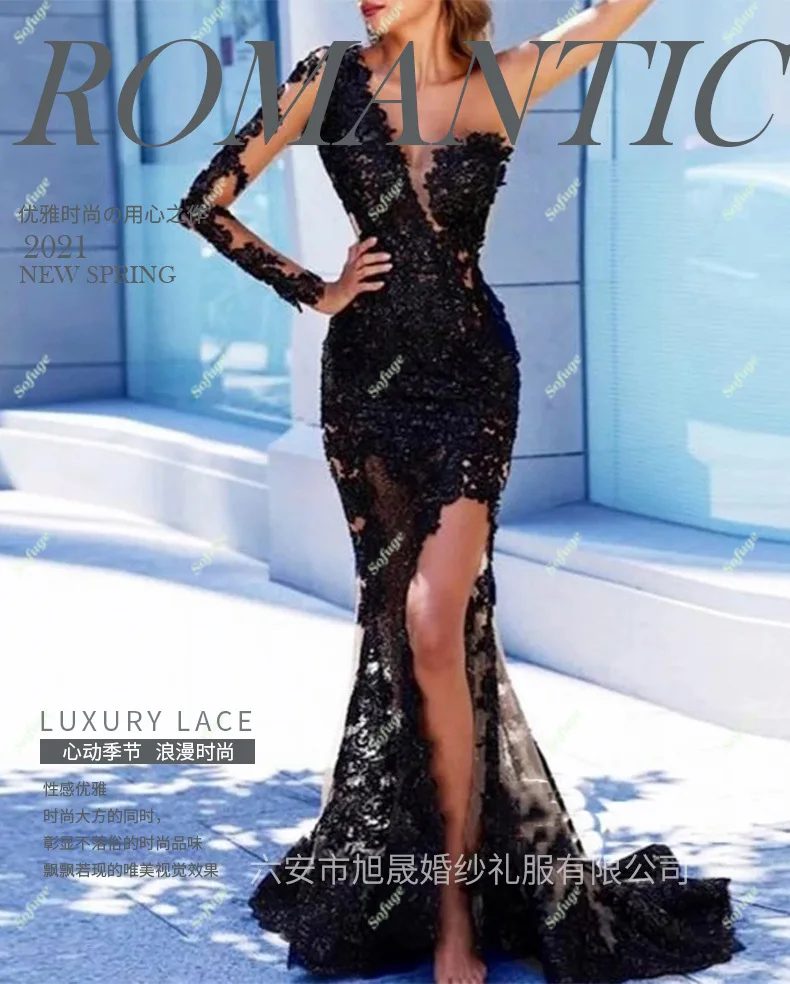 kf-S0dbc3ef5961d43488413f783837bcdb6N Sexy One Shoulder Long Sleeves Luxury embroidery Flower Slim Evening Dress Ready-to-wear Dresses Dress Formal Occasion Banquet - Image 1