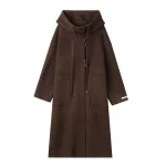 Women's Retro Maillard Color Wool Blend Hooded Coat Women Winter Mid Long Drawstring Trench Coat A Chic And Elegant Outerwear