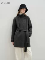 ZIQIAO Gray Wool Coat Women Lace-up Loose French Style Temperament Simple Chic Ins 2025 Winter New Short Woolen Coat