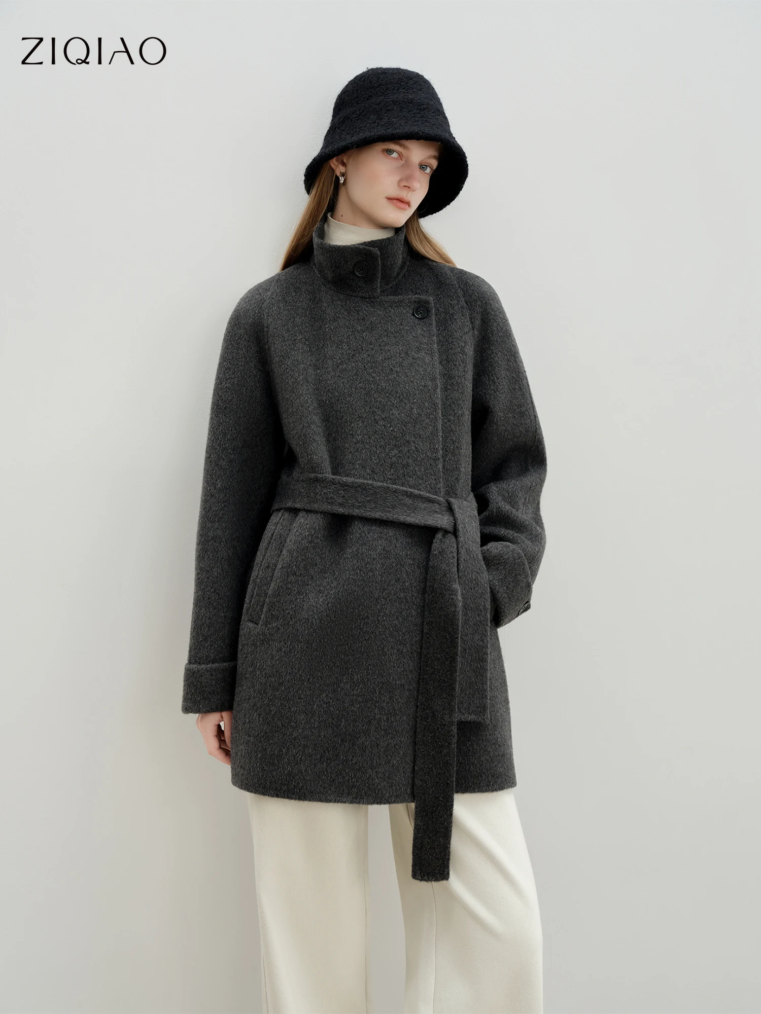 kf-S0e81d0702af545c1add970af4a52782ce ZIQIAO Gray Wool Coat Women Lace-up Loose French Style Temperament Simple Chic Ins 2025 Winter New Short Woolen Coat - Image 1