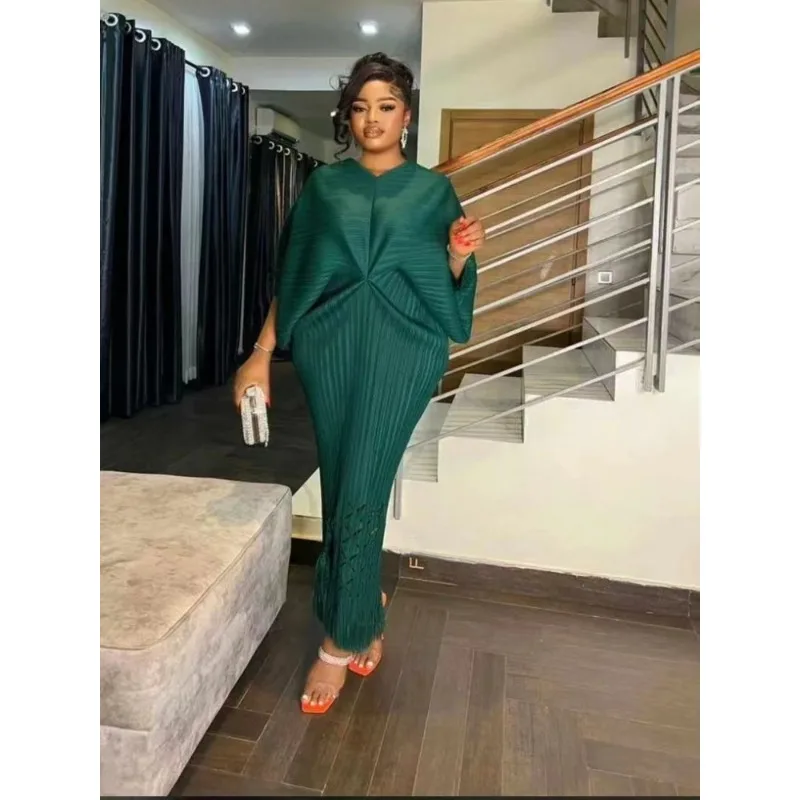 kf-S0f131bb1a6ab45a49a24deb3698e1e9et Miyake Dress Pleated Fashion Solid Color Bat Sleeve V-neck Formal Holiday Evening Dress 2024 Summer Maxi Dresses for Women - Image 1