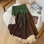 Women's Retro Art A-line Midi Dress Lace Paneling Ruched Shirring Green Autumn Japanese Y2K Niche Harajuku Pastoral Fairy Skirt