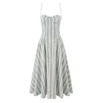 YENKYE Green Striped Floral Print Sexy Spaghetti Straps Dresses Women Elegant A-line Midi Vacation Party Dresses Summer Robe - Image 2