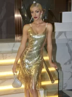 1PC 1920s Vintage Sequin Panel Tassel Hemline Elegant Big V- Neck Evening Dress For Women