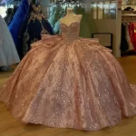 Shiny rose gold Quinceanera Dress off-shoulder crystal decal Lace layering Long tail Bow vestidos de 15 Quinceanera ﻿Customized