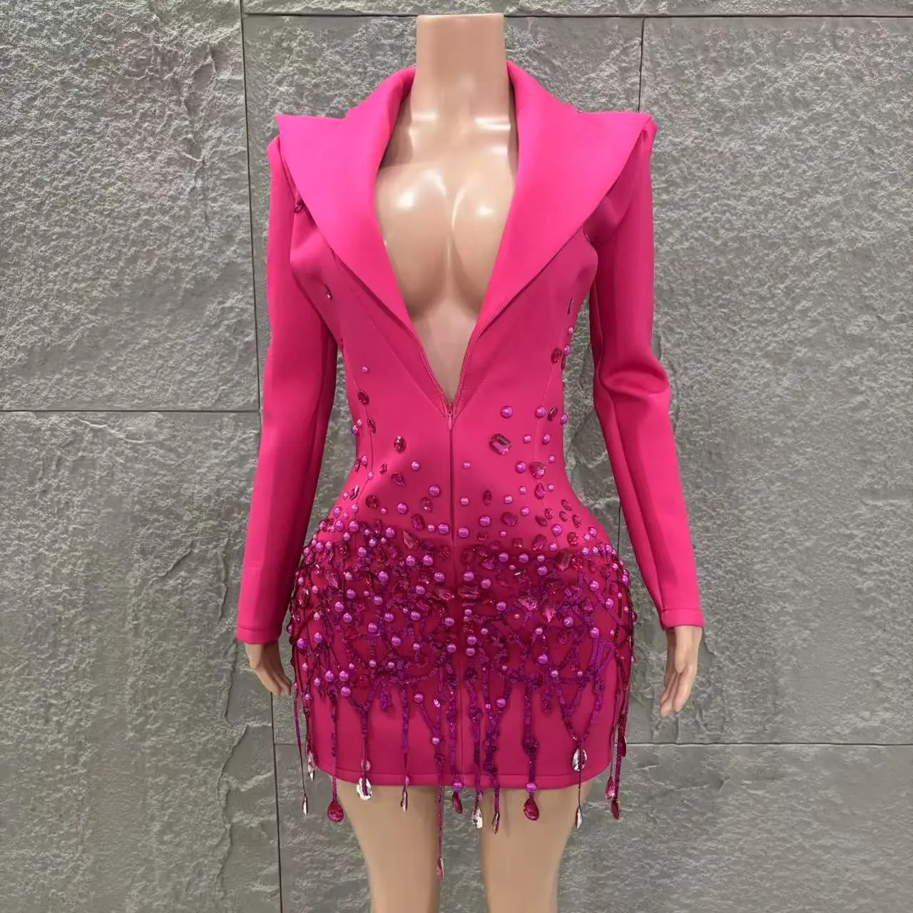 kf-S119b0dadc7a64db6831207cb79cb14b62 High Quality Women Long Sleeve Sexy Deep V-Neck Bodycon Blazer Dress Shinning Sequins Celebrate Nightclub Bar Singer Stage Wear - Image 1