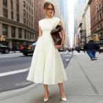 Suninheart Women Circle Cut Out Back Dress Wide Shoulders and Fitted Waist Prom Dress Fluffy Hem Midi Wedding Party Dresses