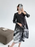 Fold Miyake Pleated Single Breasted Women's Dresses 2025 Summer New French Tie-Dye Printed V-Neck Dresses Loose Midi Dresses