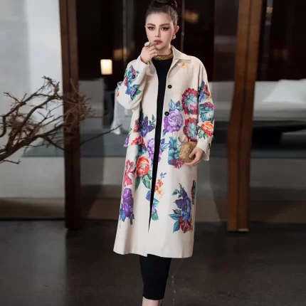Seifrmann Solid Long Sleeve Turn-Down Collar Coat For Women Single-Breasted Floral-Print Loose Waist Fashion Overcoat