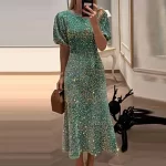 2024 New Lady Temperament Slim Banquet Dress Fashion Shiny Sequin Long Dress Casual O-neck Short Sleeved High Waist Dress Mujer - Image 2