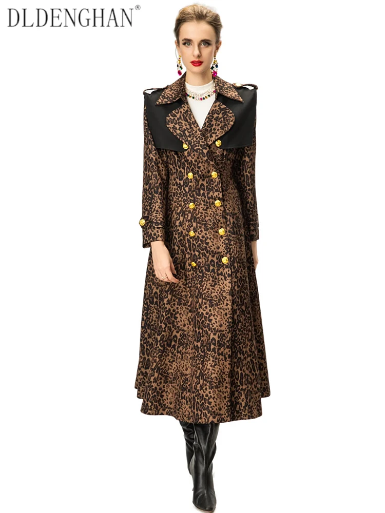 kf-S14839716d19644b5b0be7323cd9969476 DLDENGHAN Women's Leopard Print Double-Breasted Trench Coat Sailor Collar Long Sleeves Lace-Up Detail Autumn Outerwear - Image 1