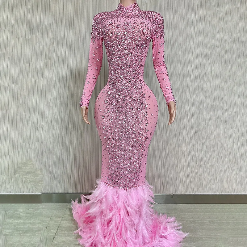 kf-S15f158ea7f1e4e5c84cb47500a28726er Luxury Shiny Crystal Diamond Elastic Tight Feather Splice Dress Empress Cross dress Show Luxury Prom Dress Performance Costume - Image 1