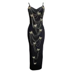 Factory Wholesale Women's Black Spaghetti Strap V-Neck diamond ornaments Sexy Celebrity Cocktail Party Bandage Long Dress - Image 2