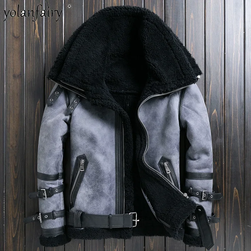 kf-S16cc522659da4754874e155cde0f638cS Natural Sheep Fur Coat Men's Winter New Fashion Motorcycle Jacket Double Layered Collar Gray Fur Jackets Zipper Warm Outwears FC - Image 1
