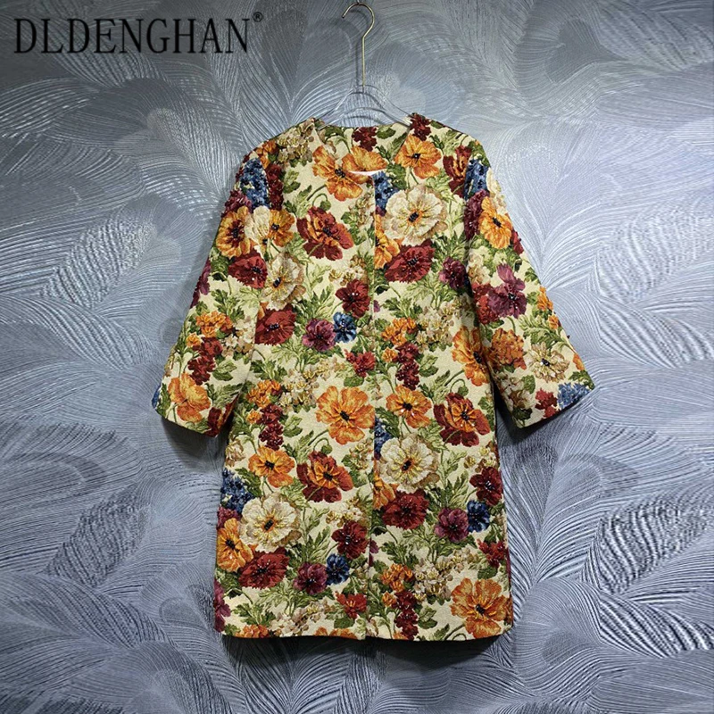 kf-S1739e92da8524e79b06f1ca1b5687c78E DLDENGHAN Autumn Covered Button Beading Coat Women O-Neck Three Quarter Sleeves Flower Print Vintage Outerwear Fashion Designer - Image 1