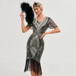 Women’s Flapper Dresses Set 1920s V Neck Beaded Fringed Great Gatsby Dress Semi-Sheer Lace Sleeve Lady Cocktail Party Dress - Image 6