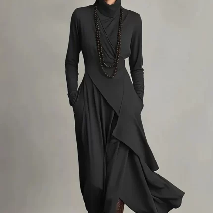 Elegant Hight Waist Party Dress New Fashion Turtleneck Asymmetric Robe Dress Women's Casual Pocket Long Sleeve Solid Long Dress
