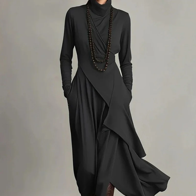 kf-S18b8a073550949a8a3112cb8f749b230h Elegant Hight Waist Party Dress New Fashion Turtleneck Asymmetric Robe Dress Women's Casual Pocket Long Sleeve Solid Long Dress - Image 1