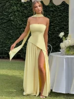 GACVGA Elegant Strapless Sexy Maxi Dress Women Gown Scarf Collar Bandage Backless High Split Club Party Evening Long Dress