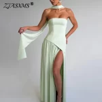 2025 Elegant Strapless Scarf Neck Pleated Dress Woman Sexy Slim Solid Backless Long Dress Summer Zipper High Slit Party Dresses