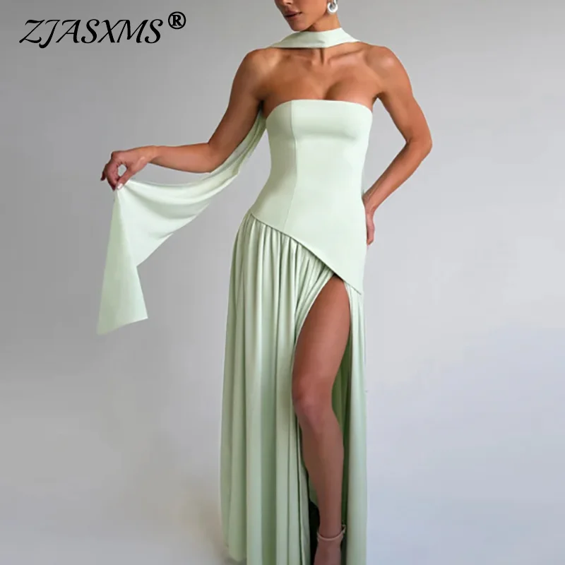 kf-S1c0c5ddadad648e193cc0f38b013f920r 2025 Elegant Strapless Scarf Neck Pleated Dress Woman Sexy Slim Solid Backless Long Dress Summer Zipper High Slit Party Dresses - Image 1