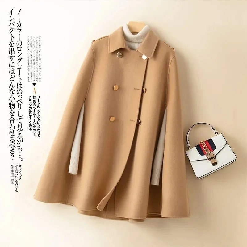 kf-S1cd56ace7ac6482889a02a31edca769cO 2023 100% Wool Mid Long Bat Cape Women Woolen Coats Autumn Loose Double Sided Cashmere Coat Female Fashion Camel Black Outerwear - Image 1