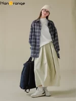 HanOrange 2025 Early Spring Lazy Arc Elastic Waist Skirt Loose Long Skirt Dark Gray Green/Gray Bean Green - Image 2