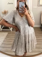 Solid Color Fashion Sequin Round Neck Womens Dresses Loose Waist Short Sleeve Dress Banquet Woman Clothing Summer