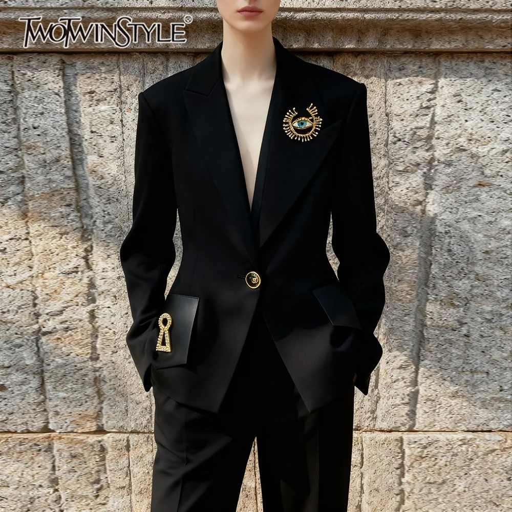 kf-S1e48cca541aa4677ac70e1211bb4f912U TWOTWINSTYLE Solid Spliced Bead Sequined Fashion Blazers for Women Lapel Long Sleeves Patchwork Button Blazer Female Fashion New - Image 1