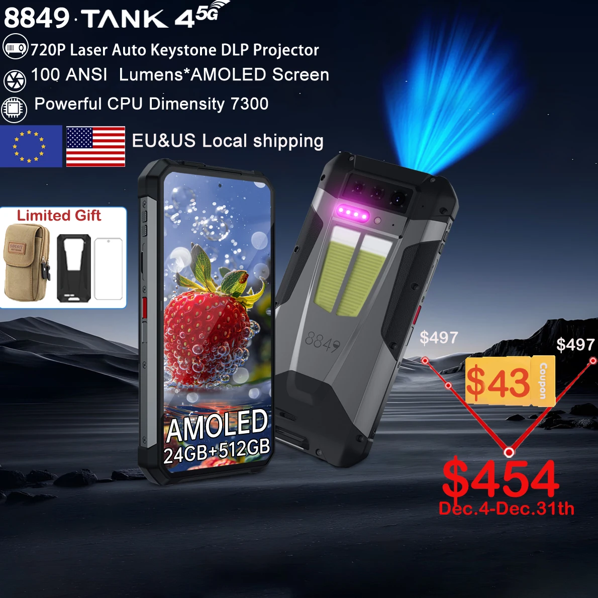 kf-S1f9dc9f0e1464dadab75411a6b3e5c9es 8849 Tank 4 Unihertz 5G Rugged Smartphone Projector 720P 100 Lumen 6.78'' AMOLED 512G Android14 11600mAh Dimensity 7300 120Hz - Image 1