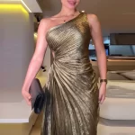 Sexy Symmetrical Hollow Pleats Long Dress Lady Fashion Slanted Neck High Waist Party Dress Elegant Temperament Solid Party Dress - Image 2