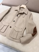 Elegant khaki spliced brown long sleeved lapel single breasted jacket autumn new clothing silk wool blend women's jacket - Image 3