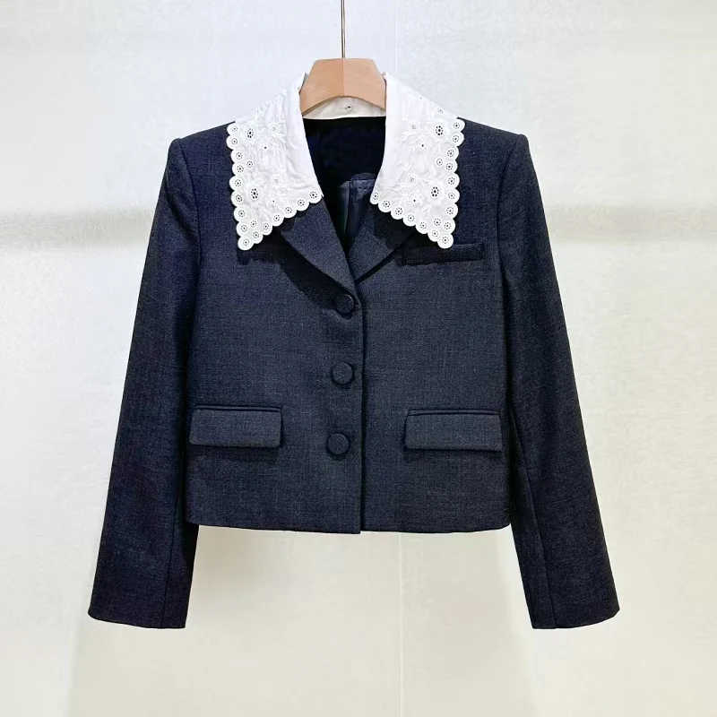 kf-S2211a8a44cf94a3fb4c9cdfcfdb20415v Women's Contrast-Color Embroidered Lapel Jacket Stylish Commuter Short-Length Versatile Blazer 2026 Spring New Arrival Y2K - Image 1