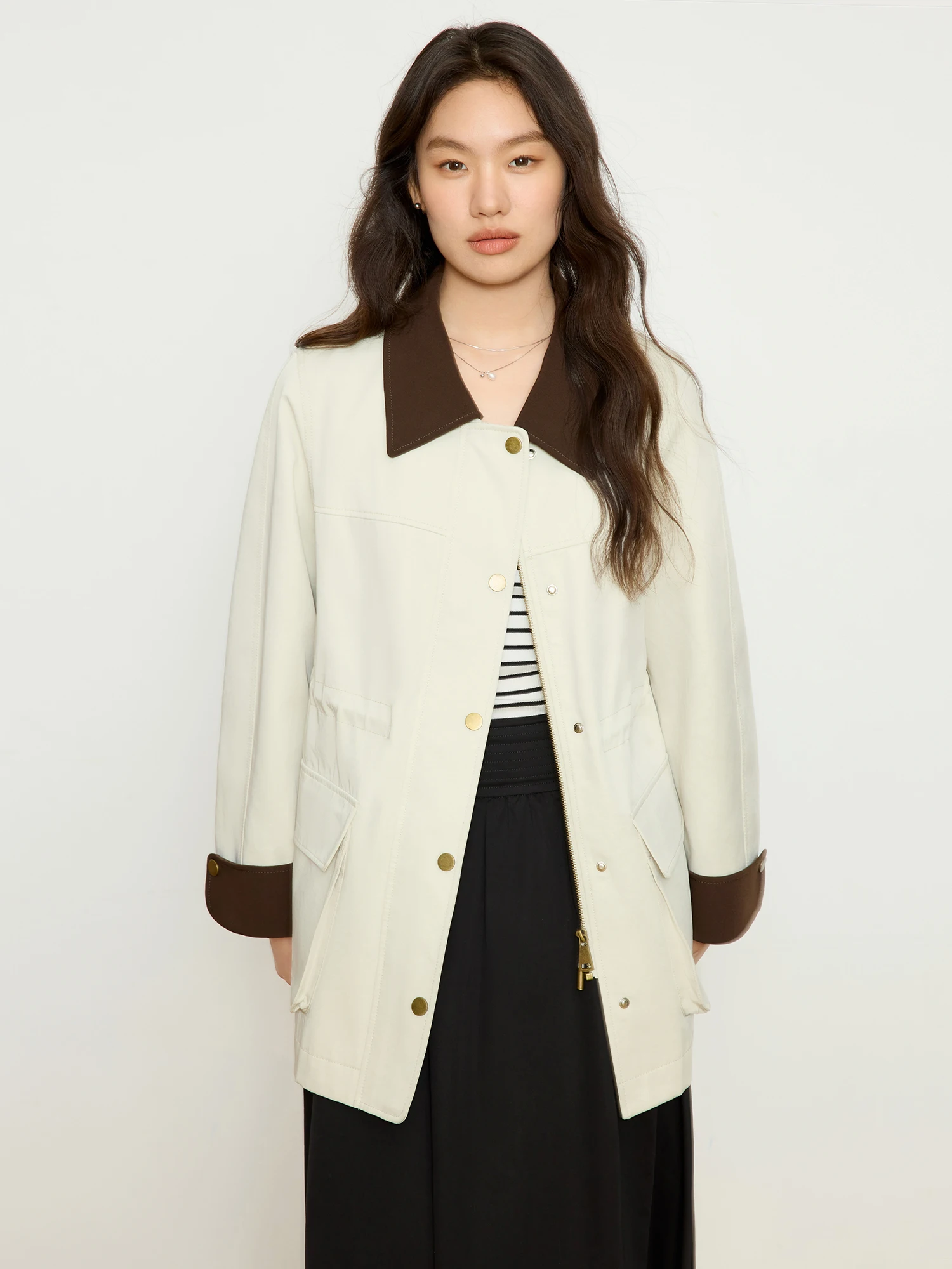 kf-S23fba339b20649a7bb091f39afa70794m DUSHU Women Spring Casual Trench One Hand Length Turn-down Collar Trenches Drawstring Women Beige Grey Coats 25DS81201 - Image 1