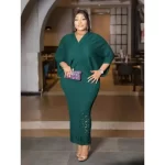 Miyake Dress Pleated Fashion Solid Color Bat Sleeve V-neck Formal Holiday Evening Dress 2024 Summer Maxi Dresses for Women - Image 2