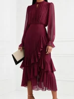 Casual O-neck Ruffles High Waist Evening Dress Temperament Solid Color Lantern Sleeve Lady Dress Elegant Hollow Out Party Dress - Image 2