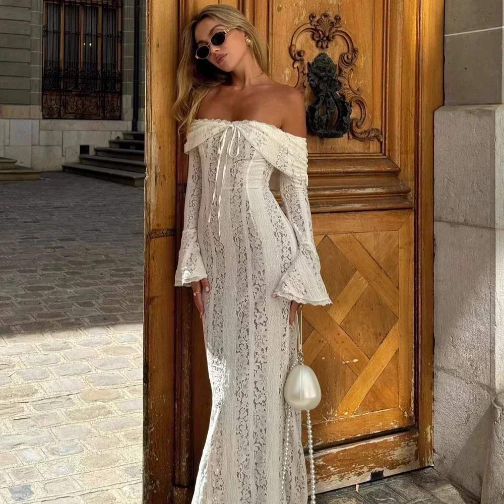 kf-S2772740f5dfa4228b1ac32c1c4bb758be Suninheart White Off The Shoulder Autumn Bodycon Dress 2025 Long Sleeve Elegant Lace Maxi Dress Wedding Guest Dress for Women - Image 1