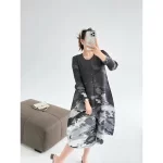 Fold Miyake Pleated Single Breasted Women's Dresses 2025 Summer New French Tie-Dye Printed V-Neck Dresses Loose Midi Dresses - Image 5