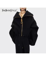 TWOTWINSTYLE Solid Loose Spliced Zipper Fashion Jackets for Women Lapel Long Sleeves Patchwork Lace Up Casual Jacket Female New