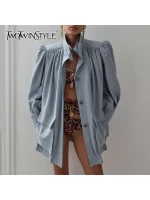 TWOTWINSTYLE Solid Loose Spliced Crimping Fashion Jackets for Women High Neck Long Sleeves Patchwork Pockets Jacket Female New