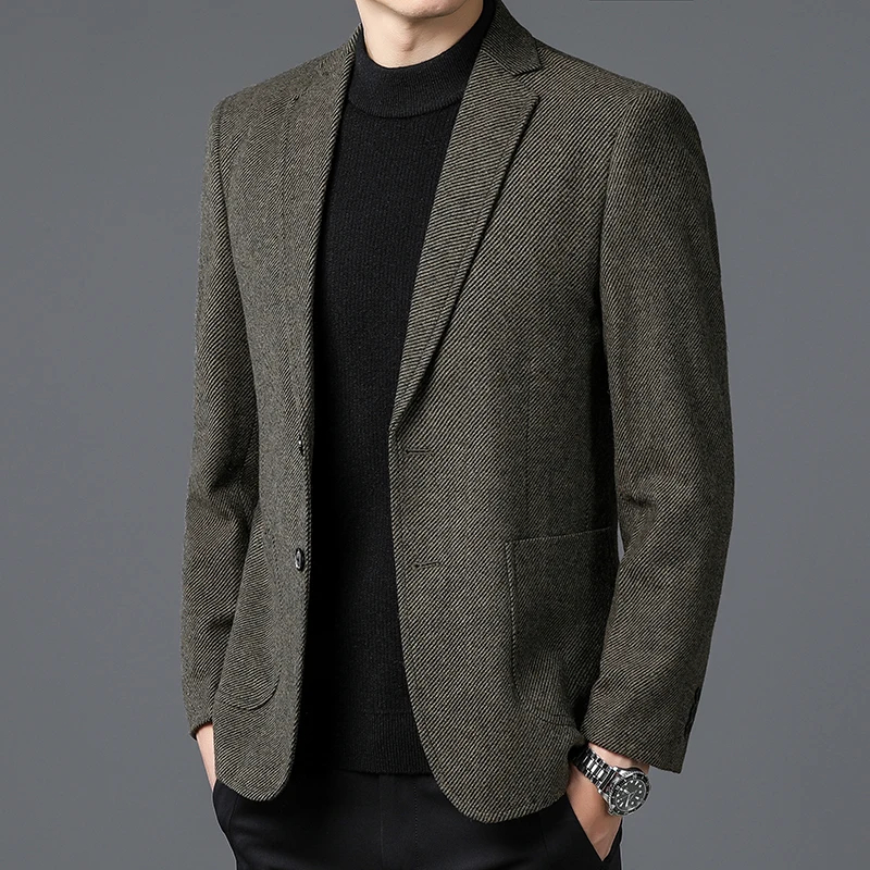 kf-S2b406df7869348799b72ab478ed6518em Men Elegant Tweed Blazer Coffee Wine Red Gray Tailored Outfit Sheep Woolen Blended Outfits Middle Class Cashmere Attire Winter - Image 1