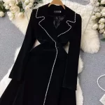 Elegant Autumn Winter Black Velvet Long Trench Coat New 2023 High Quality Women Diamonds Notched Collar Thick Warm Maxi Outwear - Image 2