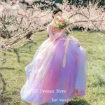 OLOEY Korea Women Formal Outfit Dresses Rainbow Tulle Long Sleeves Purple Pink Fairy Evening Gowns Customised Custom Made