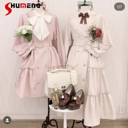 Japanese Elegant Sweet Ruffles Collar Long Sleeve Double Breasted Belt Slim Fit Loose Versatile Long Trench Coats Women Spring