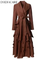 DSFACAIRIJ Women's Turn-Down Collar Long Sleeve Lace-Up Appliques High Street Solid Color Outerwear Fashion Autumn Females