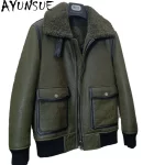 AYUNSUE Warm Natural Fur Coat Men Winter Casual Genuine Sheepskin Leather Jackets Man Fashion Green Fur Coats Male Clothing 2025